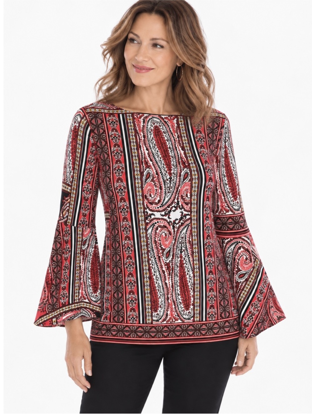 Chico's Size 2 Paisley Bell Sleeve Blouse Red Black Large